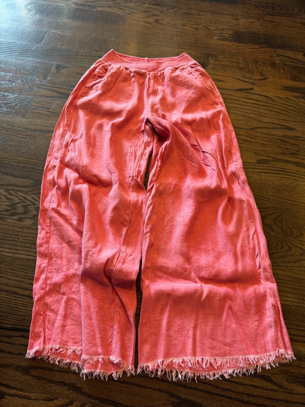 American Eagle Outfitters Coral/Red Wide-Leg Frayed Hem Linen Blend Pants